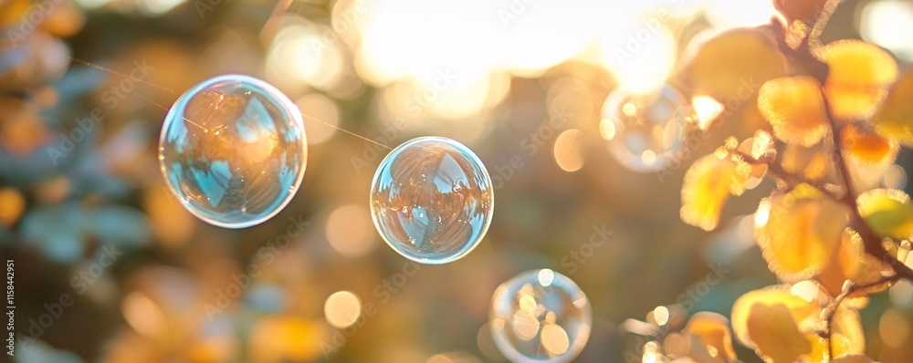 Poster soap bubbles floating in the air with golden autumn leaves in background at sunset