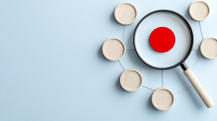 Magnifying glass focusing on red circle surrounded by wooden circles on blue background.