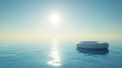Bright sun and a pool raft floating on the shimmering surface of a tranquil swimming pool