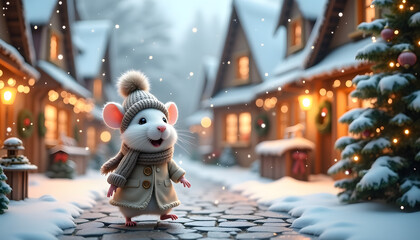 An image of an adorable white mouse dressed in a charming winter outfit. 