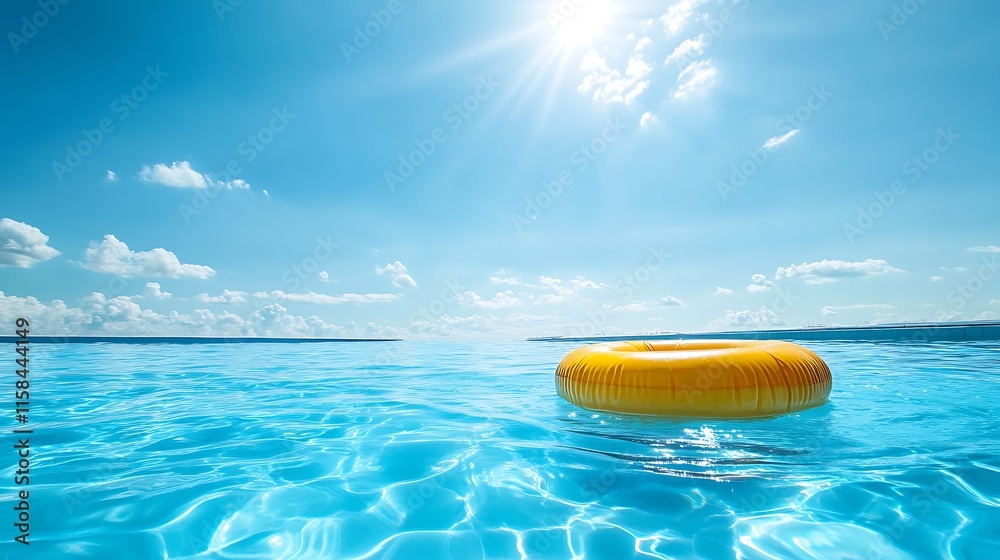 Wall mural bright swimming pool with a pool raft floating under clear skies and the sun shining down