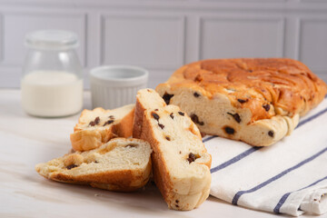 raisin whole wheat bread slices. Perfect for recipe, article, catalogue, or any commercial purposes. with copy space.