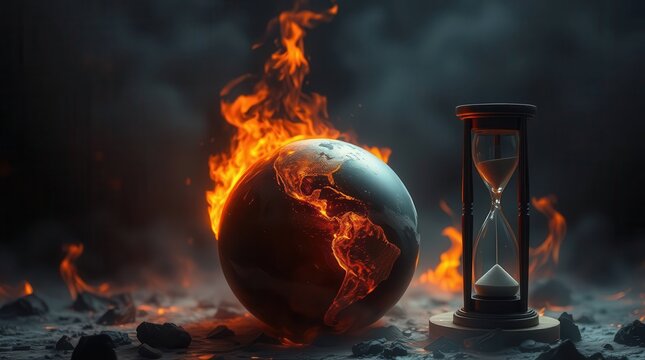 A fiery globe beside an hourglass symbolizes climate urgency and the passage of time in a dramatic, apocalyptic setting.