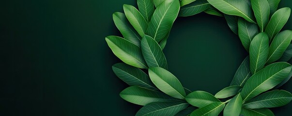 Laurel leaves abstract background idea. A lush green wreath made of vibrant leaves on a deep green backdrop.