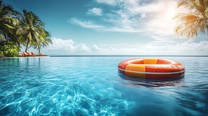 Relaxing pool with a vibrant raft floating on calm water under a sunny sky