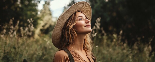 Young woman wearing hat enjoying nature in forest looking up smiling