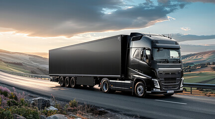 A black truck on a road, the background is hills, with natural colors.