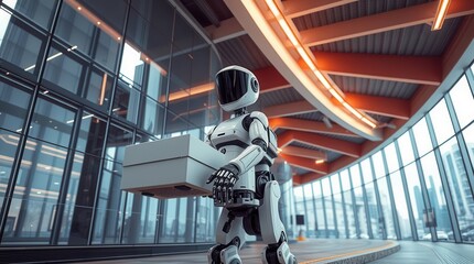 A futuristic robot carrying a package in a modern, glass-walled environment, showcasing advanced technology and design.