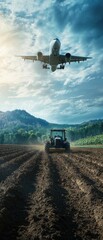 Tractor working in field under flying airplane.