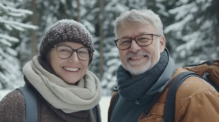 Fototapeta premium A cheerful couple stands together in a winter wonderland, their faces bright with smiles and sprinkled with snowflakes, embracing the beauty of nature and each other in the cold.
