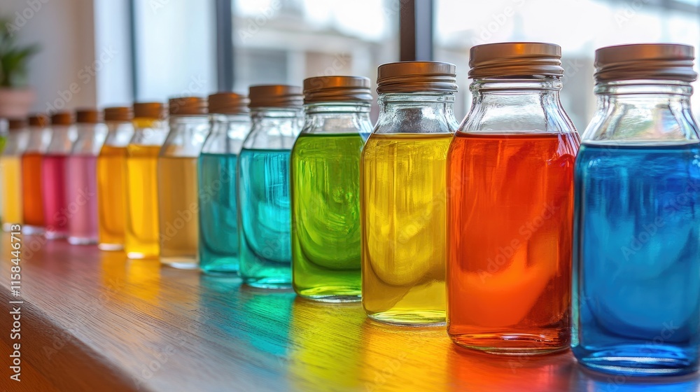 Poster A beautifully arranged row of glass jars containing colorful liquids, each jar with its distinct hue and texture, creating an eye-catching display