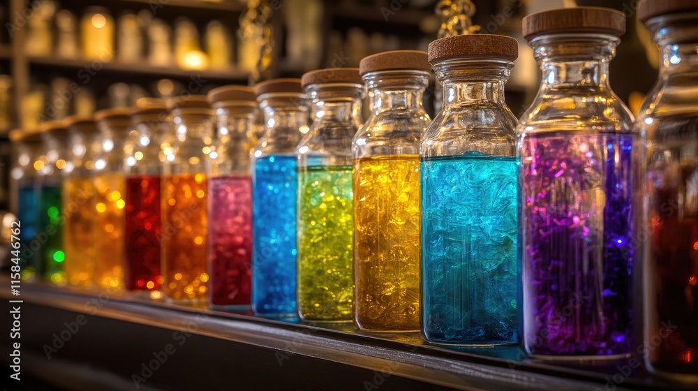 Poster A beautifully arranged row of glass jars containing colorful liquids, each jar with its distinct hue and texture, creating an eye-catching display