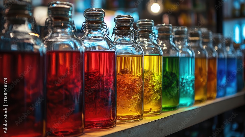 Poster A beautifully arranged row of glass jars containing colorful liquids, each jar with its distinct hue and texture, creating an eye-catching display