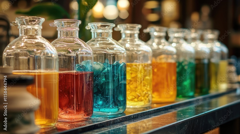 Poster A beautifully arranged row of glass jars containing colorful liquids, each jar with its distinct hue and texture, creating an eye-catching display