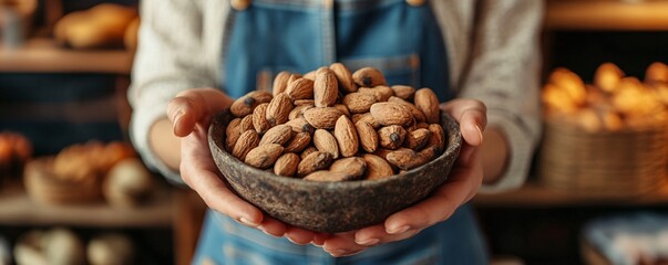 Shopkeeper holding bowl of almonds in zero waste store