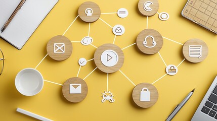 Wooden blocks connected with icons symbolizing digital networking on a yellow background.