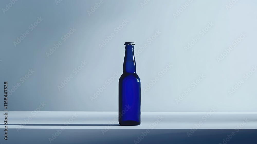Poster a blue beer bottle with a clean, empty label, set on a smooth grey background, ideal for product des