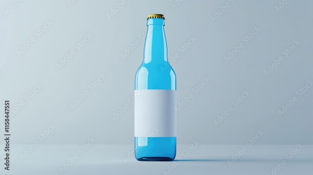 Poster a blue beer bottle with a clean, empty label, set on a smooth grey background, ideal for product des