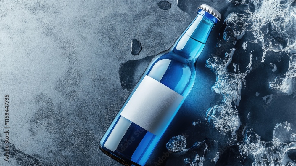 Poster a blue beer bottle with a glossy reflective surface and an empty label, placed on a grey background,