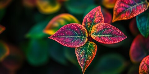 Vibrant plant featuring striking red and green leaves, captured with a shallow depth of field to emphasize the plant s unique color variations and intricate details. Ideal for plant lovers.