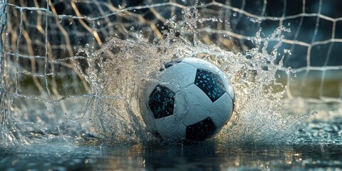 Fototapeta premium A soccer ball splashes through water into the goal net, highlighting the speed of the kick with a blurred motion effect, illustrating the power behind the shot.
