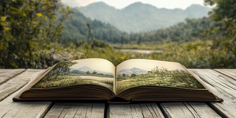 Open book showcasing a hand drawn landscape resting on a wooden deck, inviting viewers to explore the beauty of imagination and the artistic representation of nature within the open book.