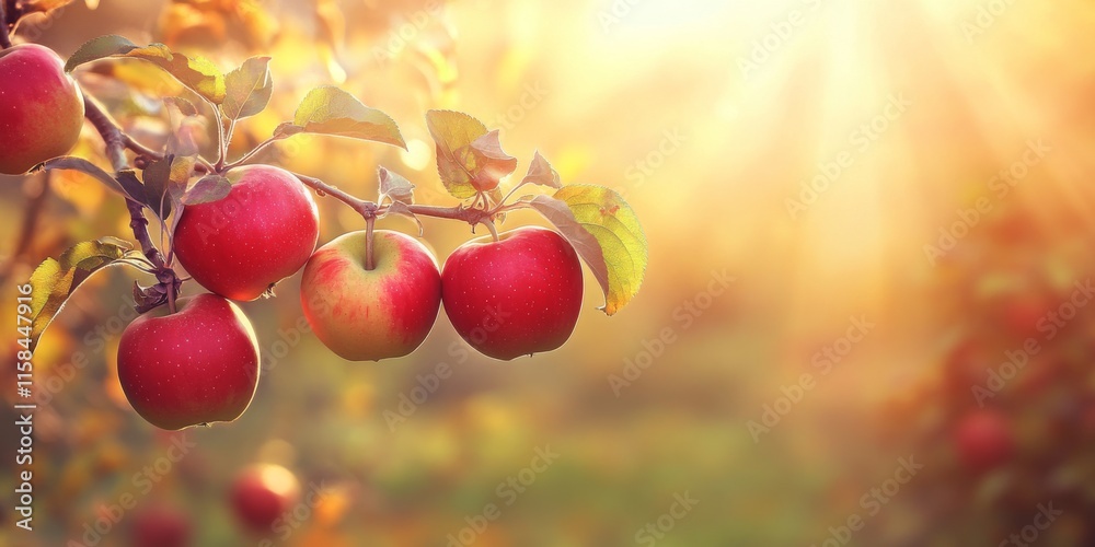 Poster vibrant red apples glisten on an apple tree branch, illuminated by bright rays of the sun, showcasin