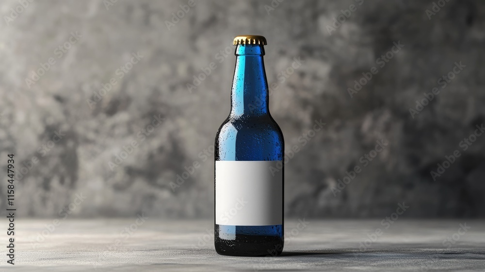 Poster A blue beer bottle with an empty label, styled elegantly on a smooth grey surface, ideal for showcasing branding and product design mockups