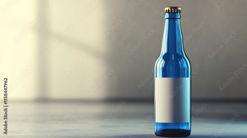 Poster A blue beer bottle with an empty label, styled elegantly on a smooth grey surface, ideal for showcasing branding and product design mockups