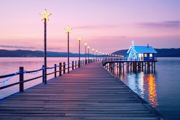 Naklejka premium Wooden pier adorned with glowing star lights and blue garlands, leading to a hut with a lit Christmas tree, surrounded by calm water at sunset, scenic festive atmosphere. Ai generative.