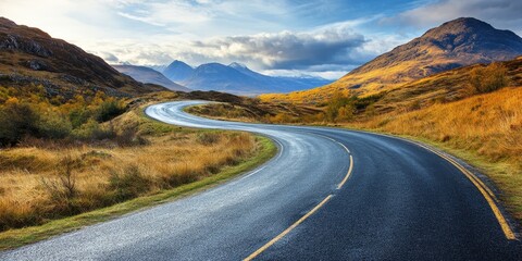 Fototapeta premium Scenic open road through stunning landscapes, showcasing the beauty of the highlands with winding paths and breathtaking views along the open road experience. Perfect for road trip enthusiasts.