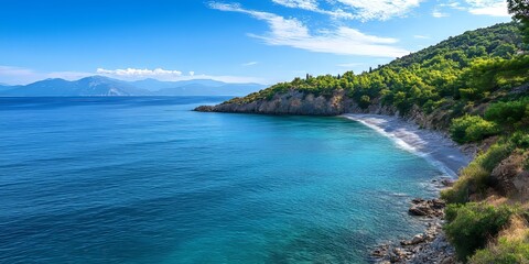 Fototapeta premium Scenic Cephalonian coastline along the serene Aegean Sea, showcasing the beauty of nature and creating a captivating coastal landscape ideal for relaxation and exploration along the shoreline.