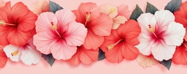 Obraz premium Hibiscus floral abstract background concept. Vibrant collection of hibiscus flowers in shades of pink and red on a soft background.