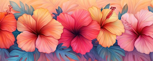 Hibiscus floral abstract background concept. A vibrant array of hibiscus flowers in various colors, perfect for floral designs.