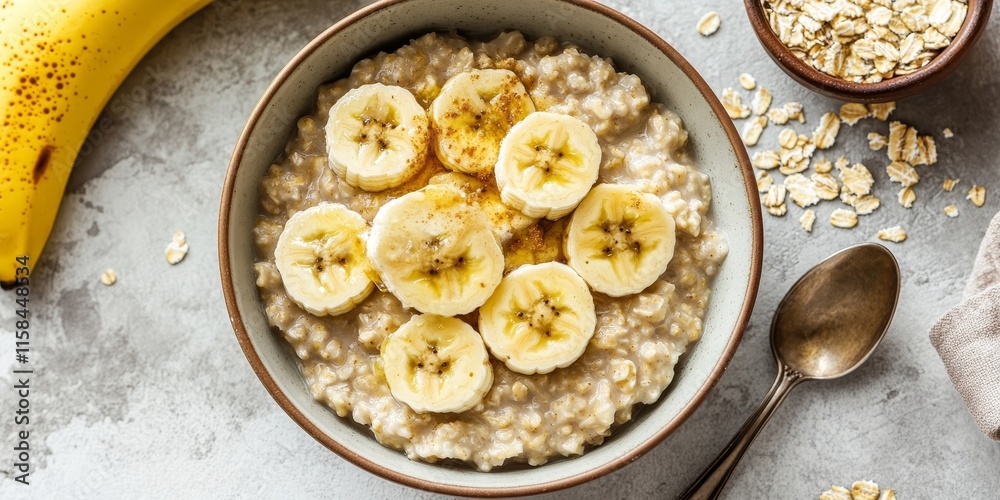 Aufkleber a bowl of oatmeal sits on a light gray stone surface, topped with ripe bananas and accompanied by a 