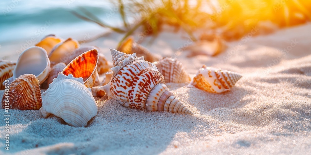 Poster winter beach scene featuring beautiful seashells scattered on the sand, showcasing the unique textur