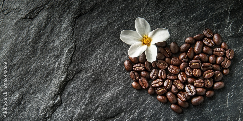 Poster heart shaped coffee beans paired with a flower create a stunning visual on a black stone surface, sh
