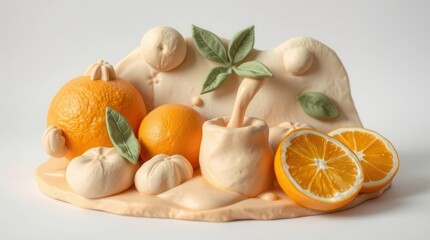 A creative display of orange fruits and leaves, crafted in a sculptural style, highlighting vibrant colors and textures.