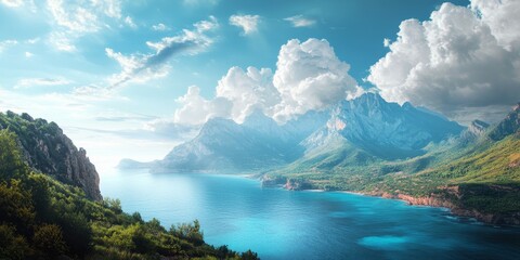 Scenic view of the sea coast framed by majestic mountains beneath a vast sky, showcasing the beauty of nature in a picturesque coastal landscape.