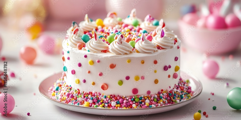 Poster a beautifully decorated cake resting on a table, featuring colorful and lively embellishments that e