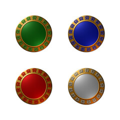 A set of 4 - 3D rendered illustrations of golden seals in metallic texture with school busses around the circumference, isolated on a white background.