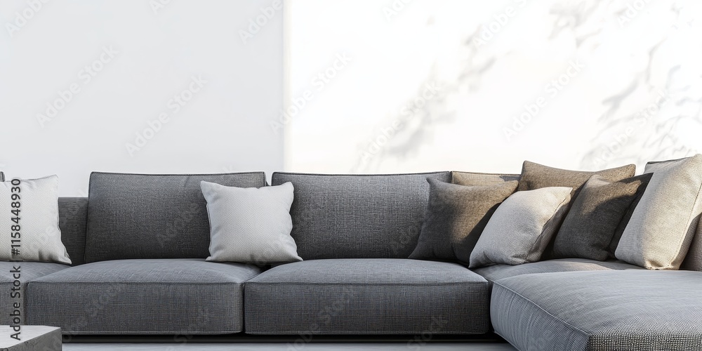 Aufkleber contemporary gray l shaped couch accompanied by cushions set against a white backdrop, complete with