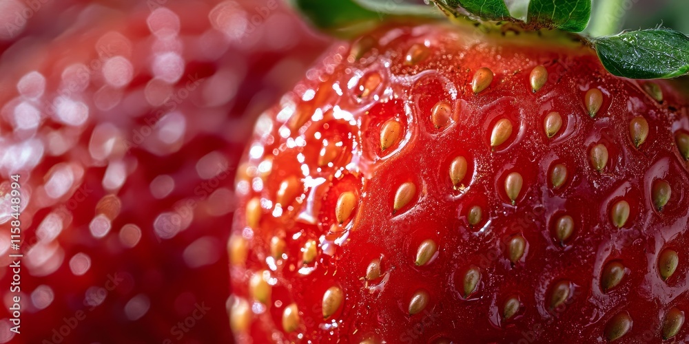 Poster close up macro shot showcasing the vibrant side of a ripe strawberry, highlighting its luscious text