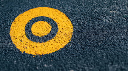 A close-up view of a yellow target symbol painted on a dark surface, emphasizing a vibrant contrast and geometric design.