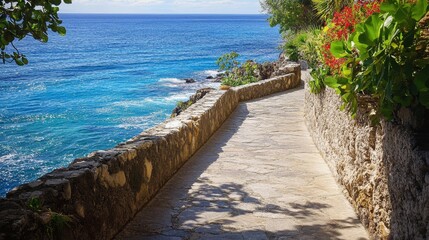 Fototapeta premium A picturesque walkway alongside serene blue water creates a stunning view of the sea, inviting exploration and admiration of the breathtaking beauty found along the sea s edge.