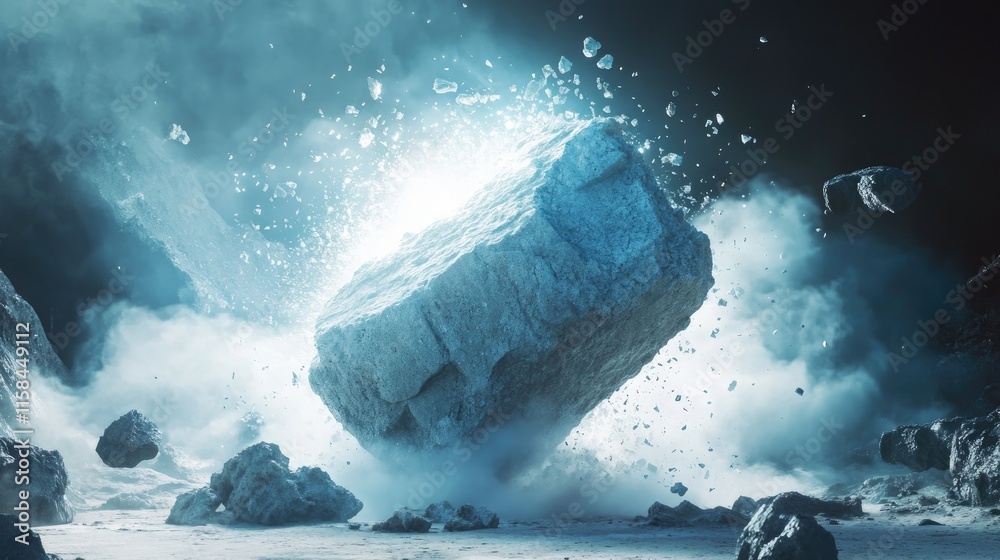 Aufkleber a brilliant white void splits a large boulder apart, sending flying shards in all directions, creati