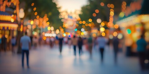 Blurred people walking and relaxing on a vibrant street at twilight. This scene captures the essence of a popular attraction and gathering place, enhanced by beautiful bokeh from festive lights.