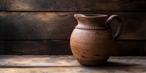 Brown clay jug displayed on a dark wooden background, featuring selective focus and shallow depth of field to enhance the beauty of the brown clay jug. Perfect for artistic showcases.