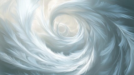 A captivating swirl of white feathers in a spiral pattern, evoking feelings of lightness and tranquility, set against a soft, minimal background