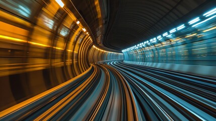 Obraz premium Speeding empty train approaches a station nestled within a tunnel, showcasing the dynamic movement of an empty train as it makes its way to the platform, inviting curious onlookers.